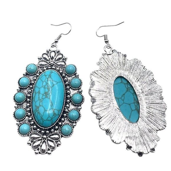 Silver with Blue Turquoise Boho Southwestern Native Hook Earrings - Picture 5 of 6